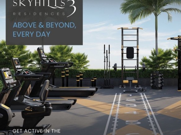 Skyhills Residences 3 by HRE Development outdoor gym amenities with modern fitness equipment and calisthenics rig in Dubai