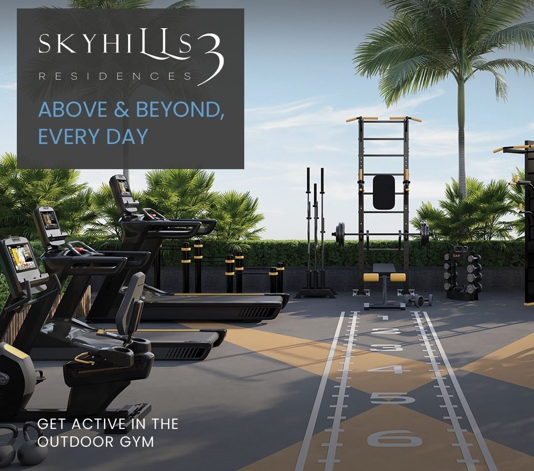 Skyhills Residences 3 by HRE Development | Outdoor Gym & Fitness Amenities Skyhills Residences 3 by HRE Development outdoor gym amenities with modern fitness equipment and calisthenics rig in Dubai