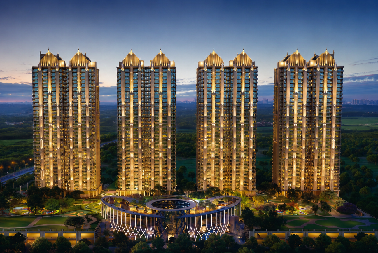Gaur Alaris by Gaurs Group luxury high-rise residential towers night view with illuminated podium deck