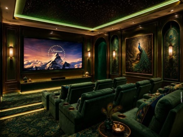 Luxury indoor mini cinema hall interior with plush recliner chairs at Gaur Alaris residential project