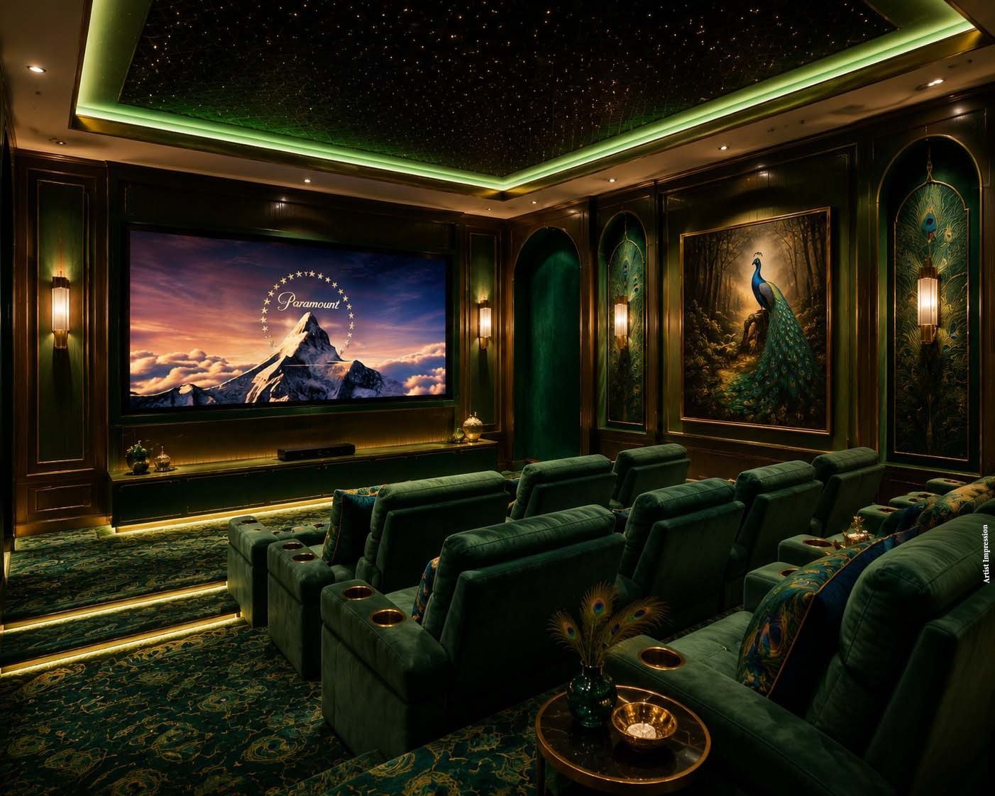 Luxury indoor mini cinema hall interior with plush recliner chairs at Gaur Alaris residential project