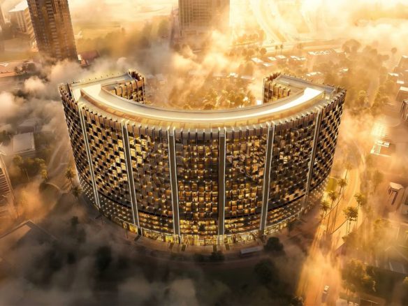 Aerial rendering of the curved luxury architectural design of Binghatti Wraith in Dubai.