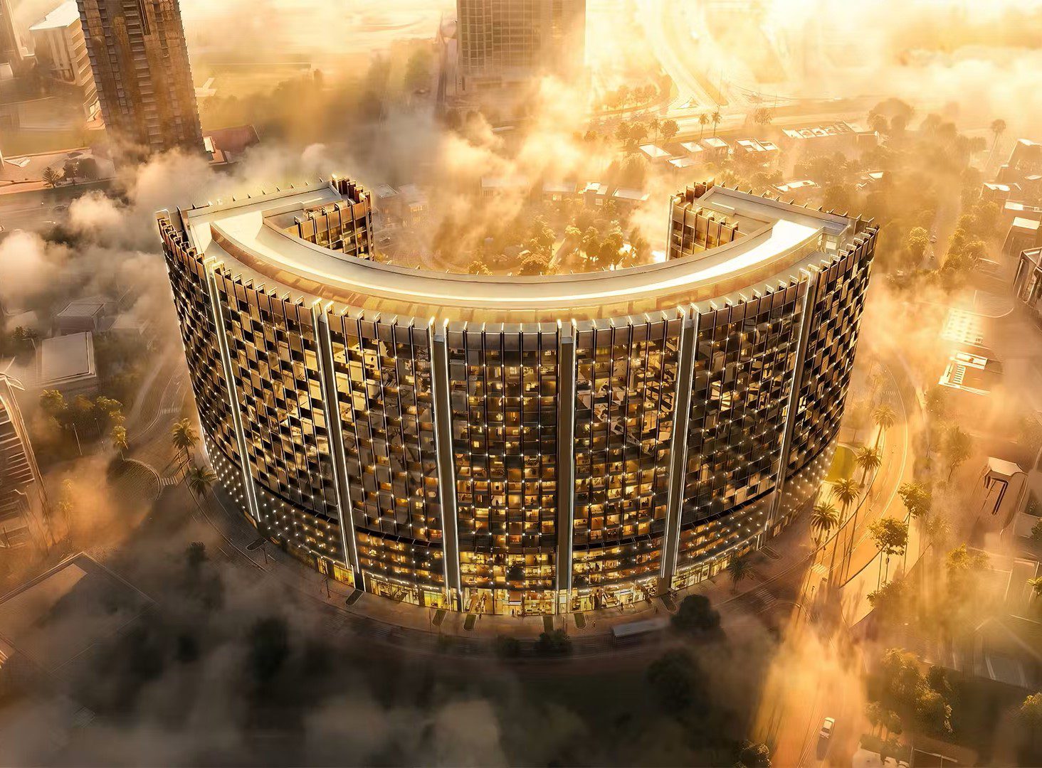 Aerial rendering of the curved luxury architectural design of Binghatti Wraith in Dubai.