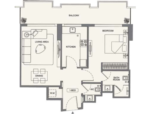 Binghatti Wraith Al Jaddaf 1 bedroom apartment floor plan layout with balcony