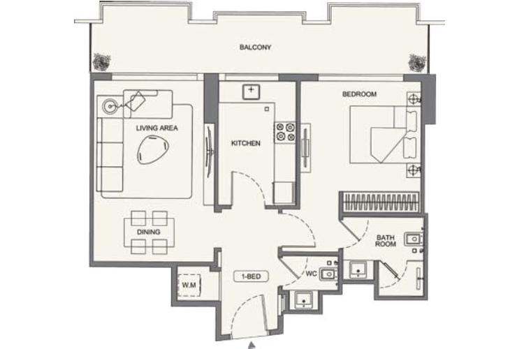 Binghatti Wraith Al Jaddaf 1 bedroom apartment floor plan layout with balcony