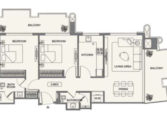 Binghatti Wraith Al Jaddaf 2 bedroom apartment floor plan layout with balcony