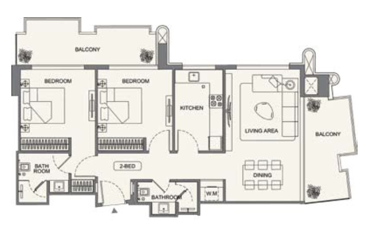 Binghatti Wraith Al Jaddaf 2 bedroom apartment floor plan layout with balcony