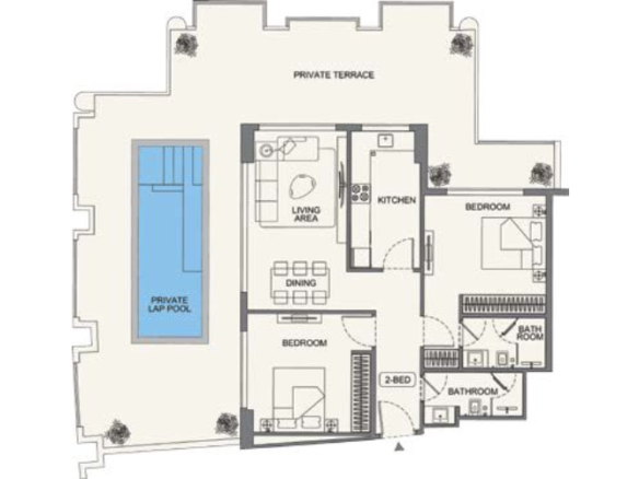 Binghatti Wraith Al Jaddaf 2 bedroom floor plan layout with private lap pool and terrace