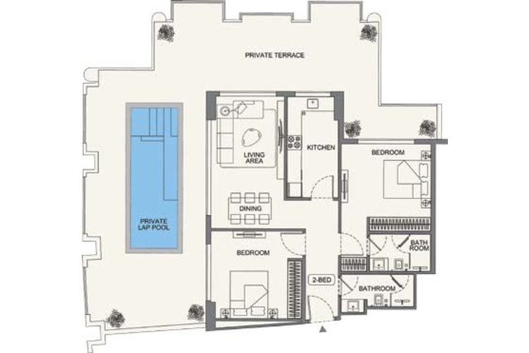 Binghatti Wraith Al Jaddaf 2 bedroom floor plan layout with private lap pool and terrace