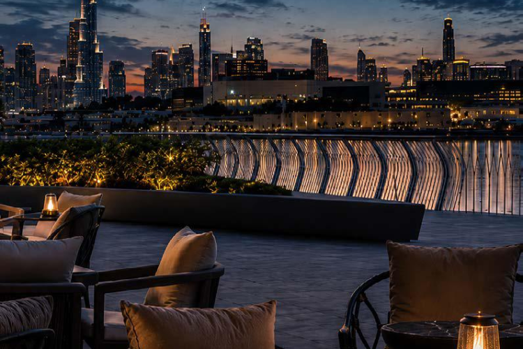 Luxury outdoor terrace seating area of Binghatti Wraith overlooking the Dubai city skyline at night