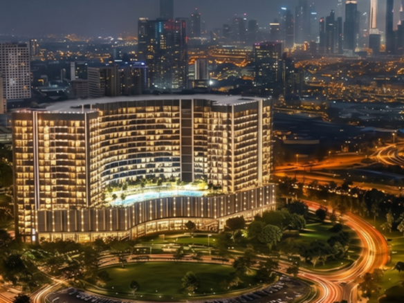 Aerial night view of Binghatti Wraith Al Jaddaf apartment building with Dubai skyline