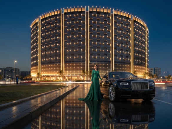 Binghatti Wraith Al Jaddaf luxury apartment project evening view with Rolls Royce in Dubai