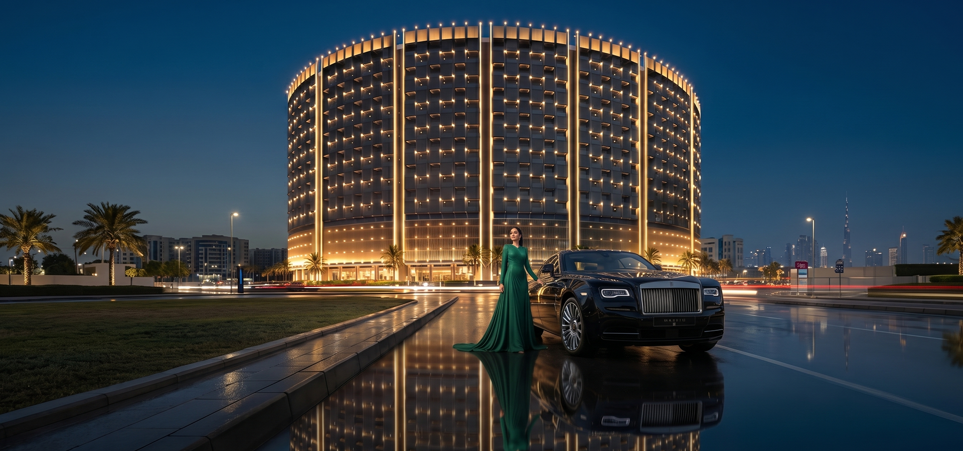 Binghatti Wraith Al Jaddaf luxury apartment project evening view with Rolls Royce in Dubai