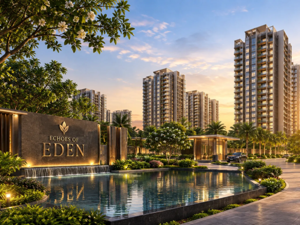 Echoes of Eden by Eldeco Group grand entrance water feature and luxury high rise residential towers