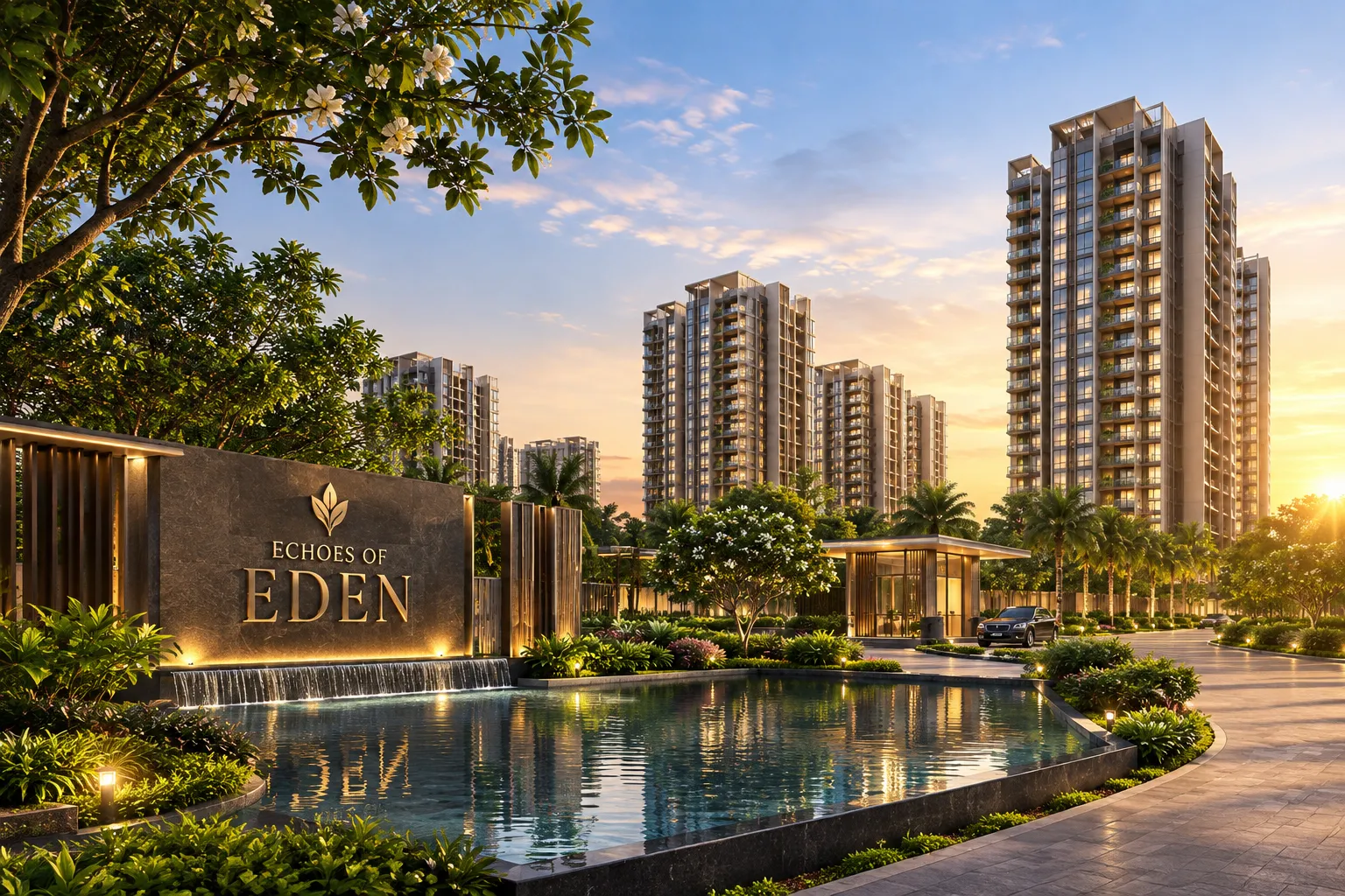 Echoes of Eden by Eldeco Group grand entrance water feature and luxury high rise residential towers