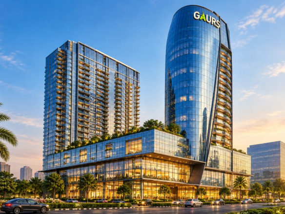 Gaurs luxury real estate development featuring modern glass towers, premium residences, commercial spaces, and landscaped surroundings at sunset.