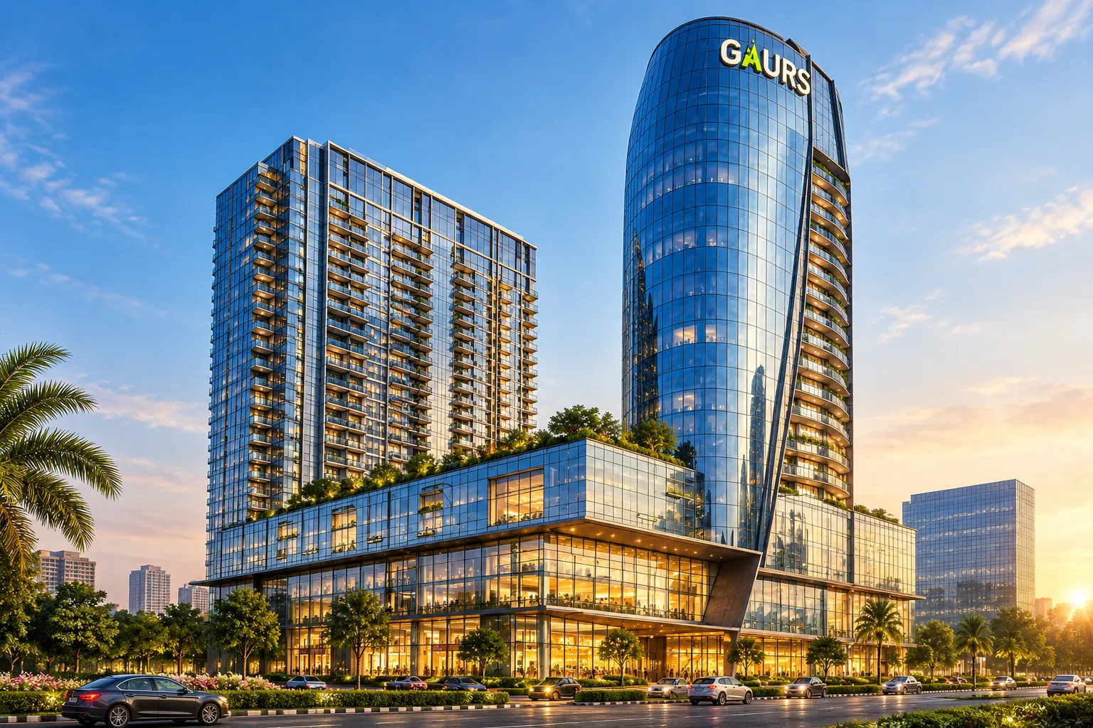 gaurs-luxury-residential-commercial-property Gaurs luxury real estate development featuring modern glass towers, premium residences, commercial spaces, and landscaped surroundings at sunset.