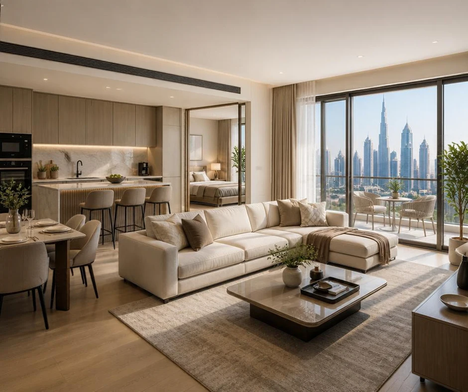 Modern 1 BHK flat in Dubai with contemporary interiors and lifestyle amenities