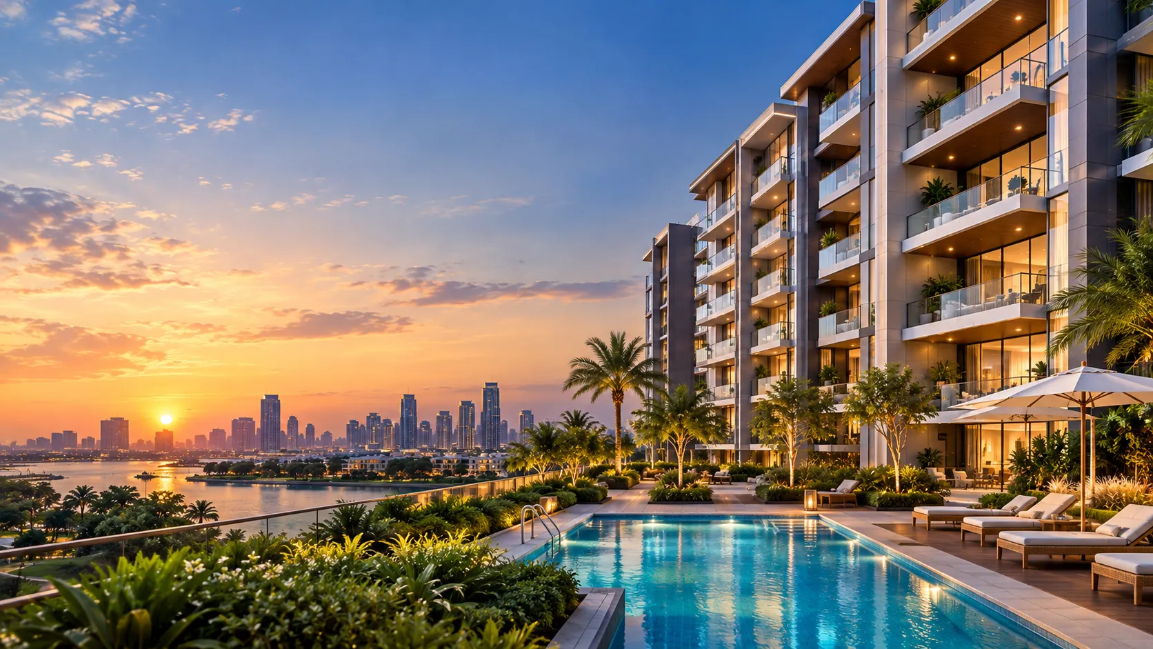 Modern 3 BHK flat in Dubai with Dubai skyline view